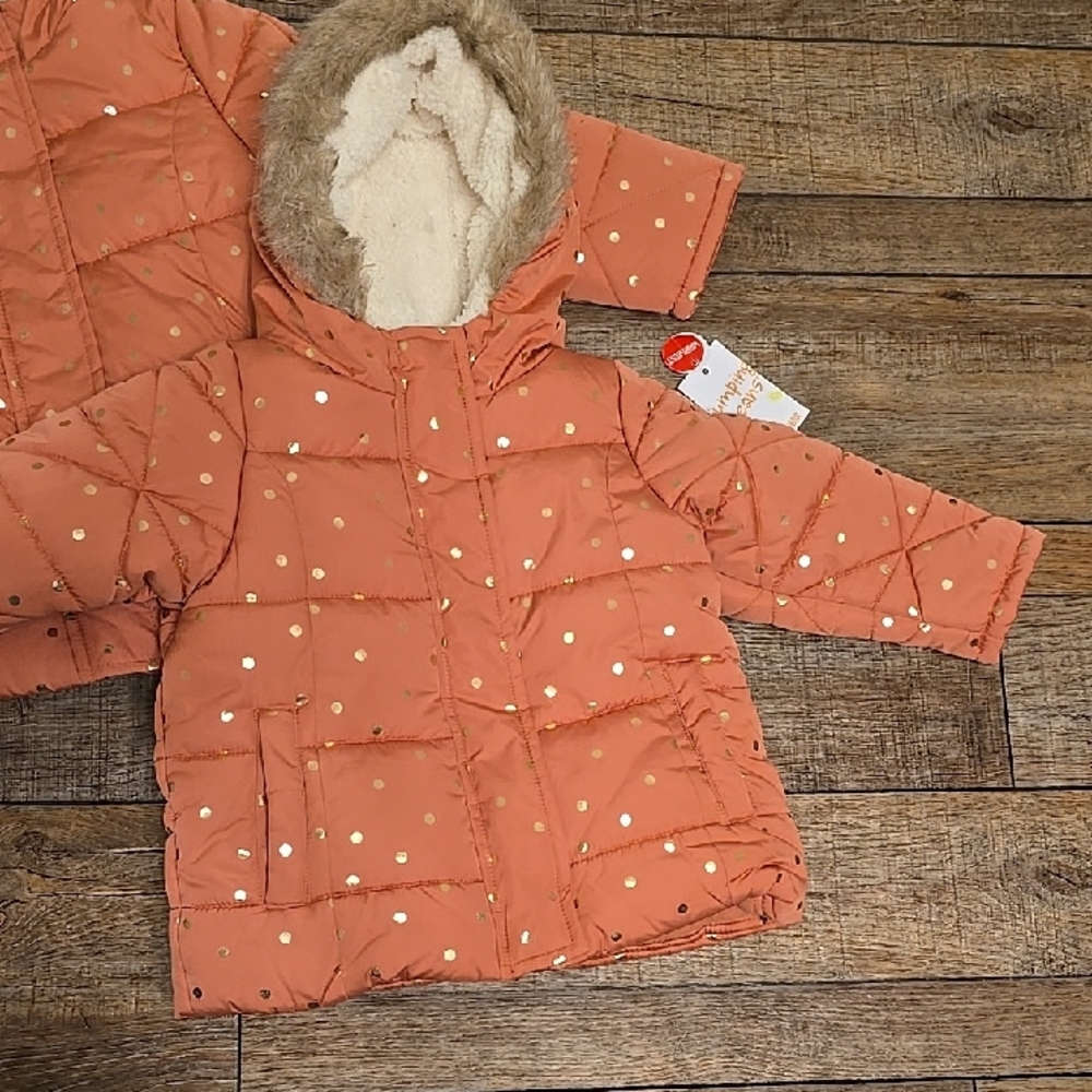 Coral Polka Dot Puffer Jacket with Faux Fur Hood